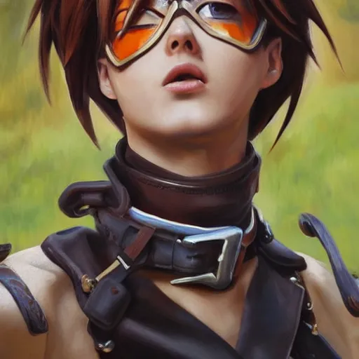 Image similar to oil painting of tracer overwatch in a field wearing very large leather belt choker collar around neck, in style of mark arian, expressive face, very detailed face, very detailed eyes, full body, feminine face, tracer overwatch,