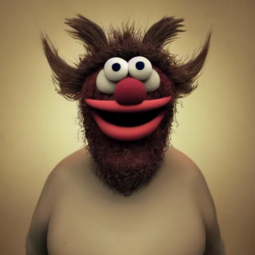 Image similar to a still of a forgotten muppet character looking very manly and modern, hilarious, laughing, hairy chest, huge chin, manly monster tough guy, roughled fur, photo real, photographic, photograph, artstation, trending, featured