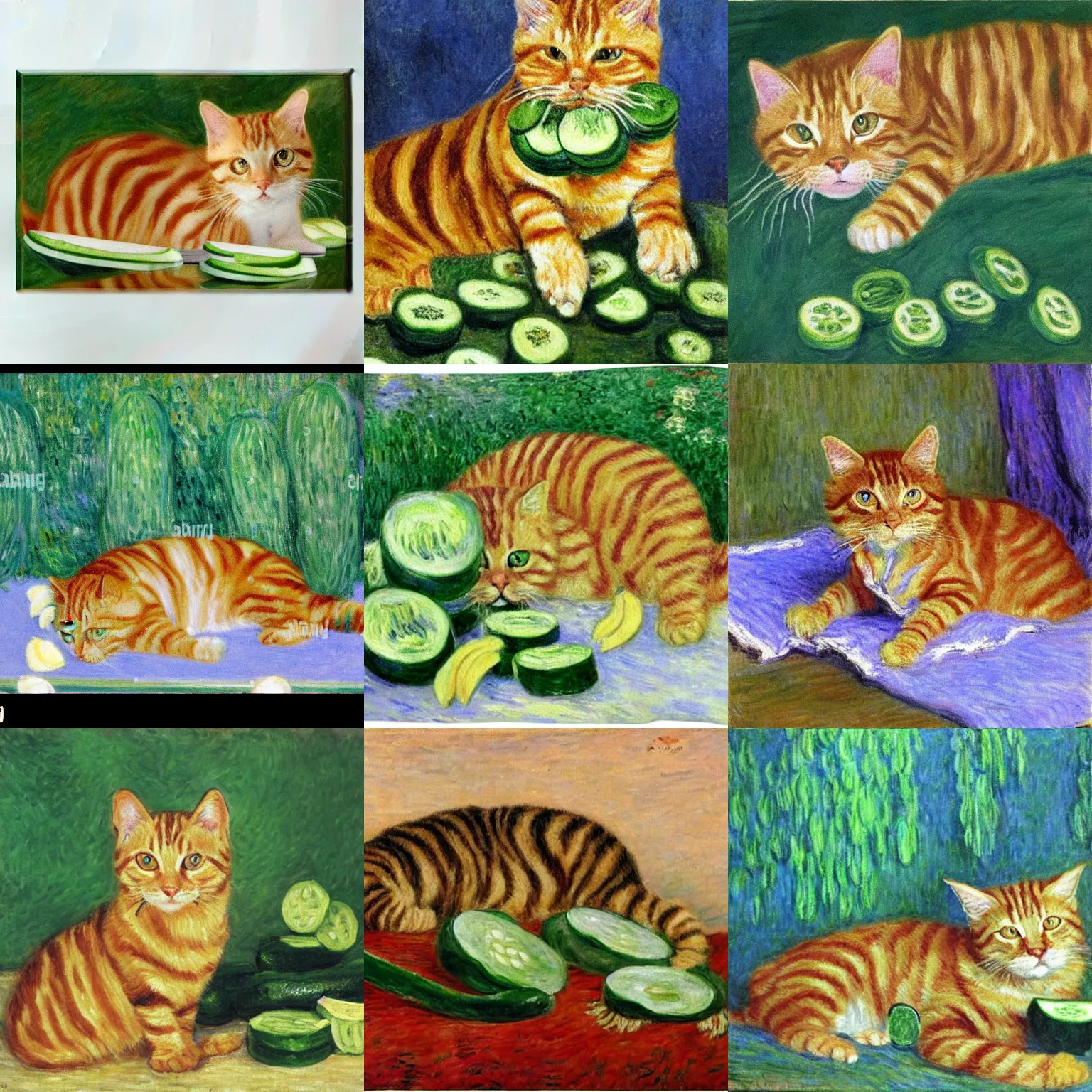 Prompt: monet painting of a ginger tabby cat lying on its back with cucumber slices on his eyes and towel on his head