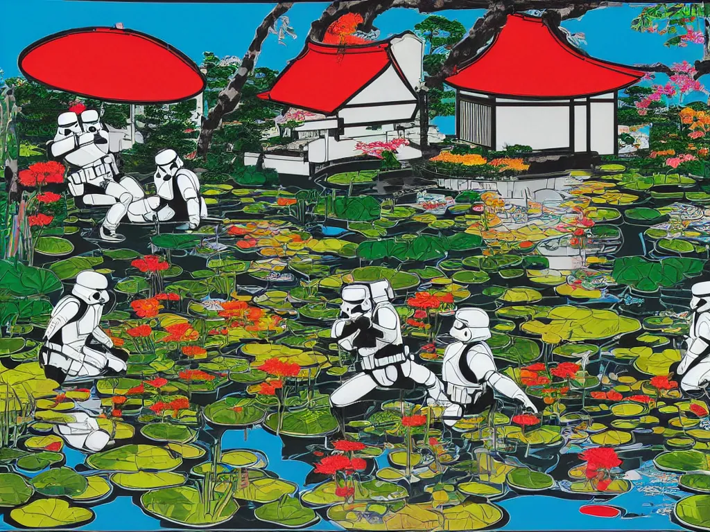 Prompt: detailed composition of the japanese home with a garden and a pond, 2 stormtroopers sitting around it, pop - art style, jacky tsai style, andy warhol style, rich palette, acrylic on canvas