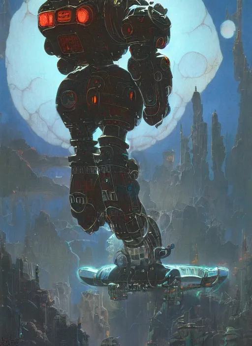 Image similar to a panda mecha, reflective detailed textures. glowing colorful fog, dark background. highly detailed fantasy science fiction painting by moebius, norman rockwell, frank frazetta, and syd mead. rich colors, high contrast. trending on artstation