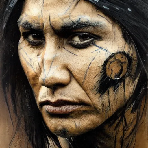 Image similar to A Native American warrior, war paint, realistic, concept art, sharp focus, 8k high definition, insanely detailed, intricate, elegant, art by Guy Denning