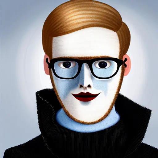 Image similar to A slender british man, with short blond hair and short blond beard wearing a corduroy jacket and turtleneck , blue eyes, pale skin, English heritage, digital art, cartoon, mid-shot, 8k