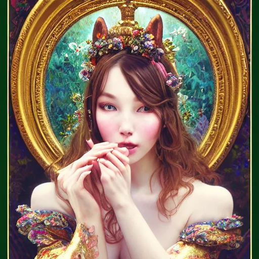 Image similar to a masterpiece ultrarealistic ultradetailed portrait of beautiful girl in bunny costume sprinkling champagne baroque renaissance. medium shot, intricate, elegant, by stanley artgerm lau, wlop, alphonse mucha, rossdraws, andrei riabovitchev, yoshitaka amano. flower background my james jeand and takashi murakami.