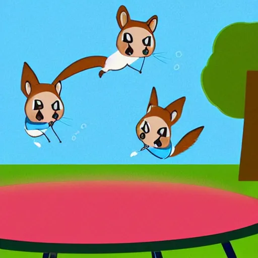 Prompt: an illustration of a super kawai squirrel bouncing on a trampoline