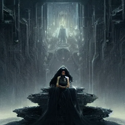 Image similar to of a beautiful black haired woman with pale skin and a crown on her head sitted on an intricate metal throne in eerie atmospheric alien worlds, epic cinematic matte painting, art by greg rutkowski