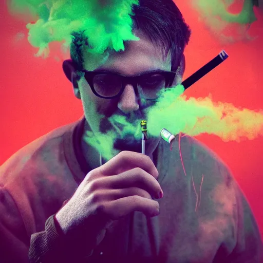 Prompt: electric weed cigarette lit emitting green smoke, commercial photo, ralph steadman style, contest winner, matte painting