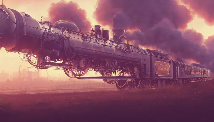 Prompt: A highly detailed matte painting of the biggest steampunk train ever, with smoke, by Studio Ghibli, Makoto Shinkai, by Artgerm, by beeple, by Greg Rutkowski, volumetric lighting, octane render, 4K resolution, trending on artstation, masterpiece