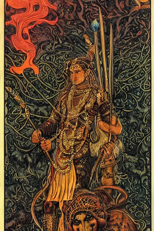 Image similar to Portrait of an shiva with long hair wearing armor with ornate bronze and gold, Art Noveau retro science fiction cover by William Morris and Kelly Freas (1965), vintage 1960 print, tarot card, vivid, highly detailed, cgsociety, artgerm