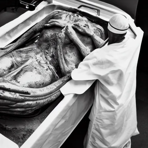 Image similar to photo of an alien autopsy, black and white, wide angle