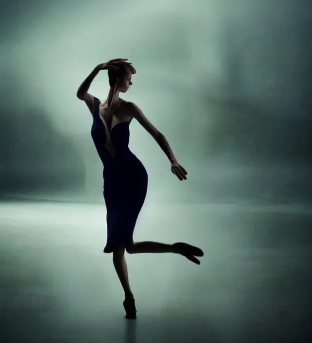 Image similar to la la land unseen film scene of gaz station by night starring seductive actress doing steps dancing and dressed by an organic looking dress from designer * iris van herpen *, with stylish colorfull makeup. intriguing soft back lighting, highly detailed, skin grain detail, photography by paolo roversi, nick knight