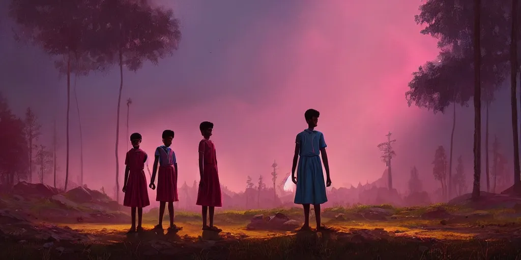 Image similar to kerala school boys wearing girls dresses posing for a photo, an epic fantasy, dramatic lighting, cinematic, establishing shot, extremely high detail, photorealistic, cinematic lighting, artstation, matte painting by simon stalenhag, horizon forbidden west