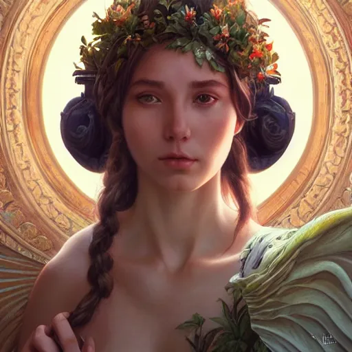 Prompt: perfectly - centered photo - realistic goddess, lifelike, highly detailed, professional digital painting, unreal engine 5, photorealism, hd quality, 8 k resolution, cinema 4 d, 3 d, cinematic, art by artgerm and greg rutkowski and alphonse mucha and loish and wlop