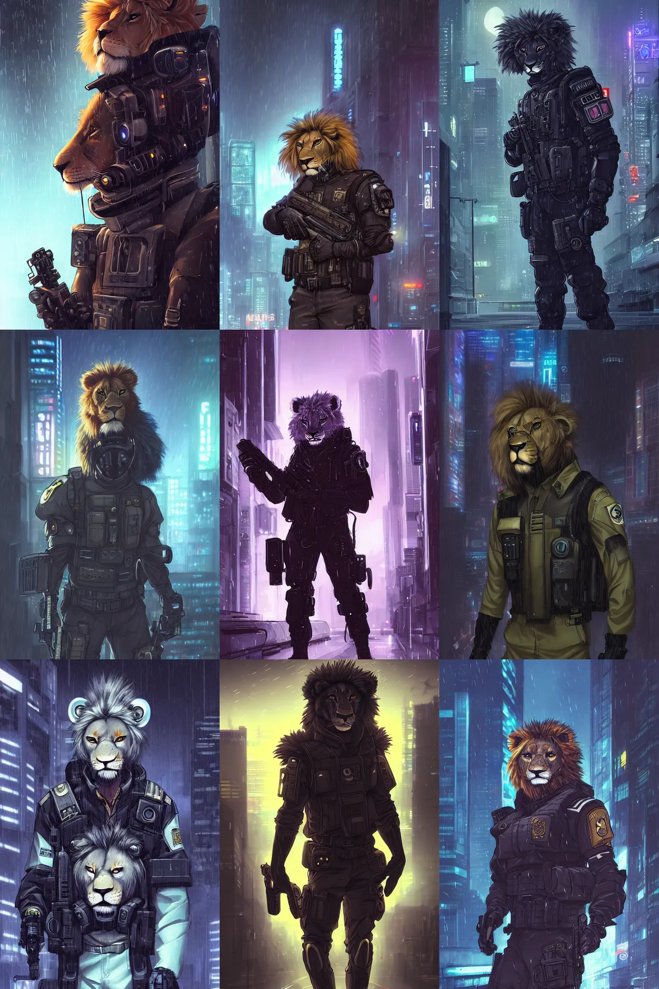 Prompt: beautiful portrait commission of a male furry anthro lion fursona wearing a tactical cyberpunk swat uniform in a cyberpunk city at night in the rain. character design by charlie bowater, ross tran, artgerm, and makoto shinkai, detailed, inked, western comic book art