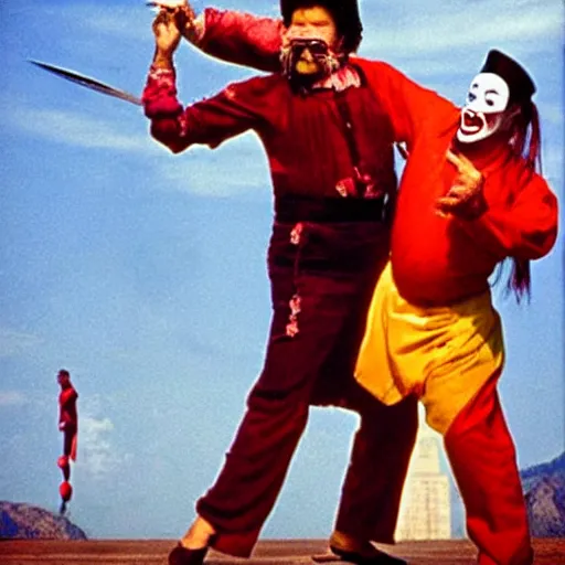 Image similar to Jack Burton throwing a knife at a tall Chinese clown, Lo Pan, cinematic still, amazing photo