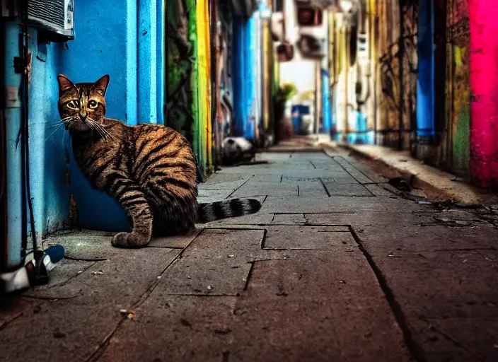 Image similar to photography of a Cat sitting on a box. in a cyberpunk street, award winning photo, saturated, colored, colors, 100mm, sharp, high res