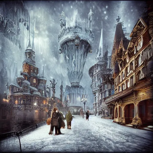 Prompt: frozen steampunk city, hyper realistic photograph