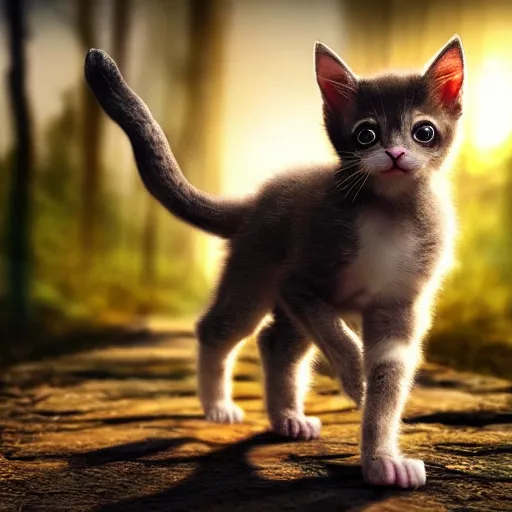 Image similar to a tall, muscular bat kitten walking in a forest, sunset, realistic, romantic, enchanting, dreamy, IMAX