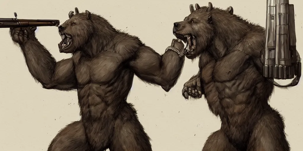 Image similar to Full body concept art of A High fantasy WW1 bear beast-man firing a enchanted heavy shotgun trending on artstation deviantart Pinterest detailed High Resolution HD 8k