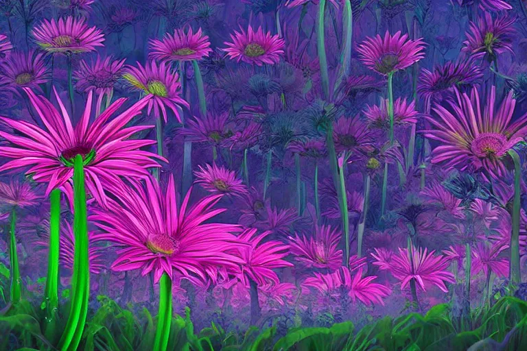 Prompt: beautiful field of giant gerber daisy flowers digital illustration by dr. seuss : 1 | vibrant, spectral color, colorful, surreal psychedelic megaflora forest by beeple : 1