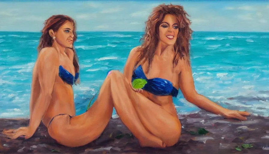 Prompt: an oil painting of rosalia the spanish singer in a bikini on a beach sipping a mojito