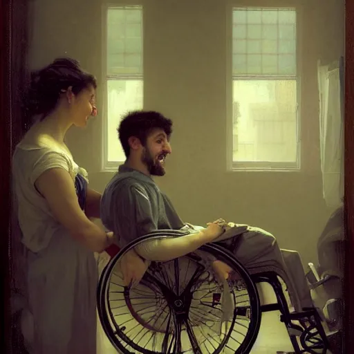 Image similar to a male patient in a wheelchair in the hospital with his wife and son standing by. happy, cheerful, smiling, intricate, face enhance, cinematic lighting, featured in artistation, 8 k, art by greg rutkowski, william adolphe bouguereau