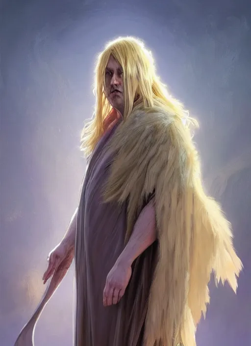 Image similar to Portrait of Clive Palmer, blonde shaggy hair, cloak, ethereal wings, fantasy, extremely detailed, digital painting, artstation, concept art, smooth, sharp focus, illustration, stunning lighting, art by artgerm and greg rutkowski and alphonse mucha and simon stalenhag, realistic character concept, high fantasy, light atmosphere, golden ratio, cinematic lighting, hyperdetailed, high resolution, insanely detailed and intricate, artstation, Marc Simonetti, Greg Rutkowski, 8k