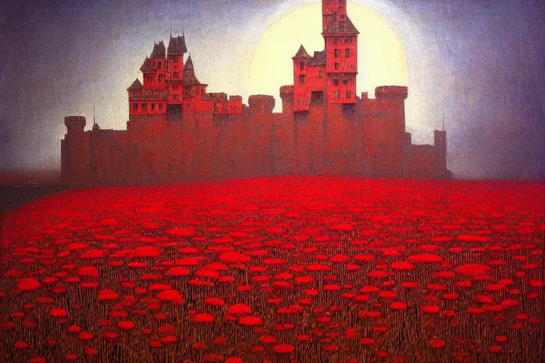 Image similar to only with red, red flowers of different types, a red tiger, a castle in the background, medieval demons dance over the flowers, an ancient path, in the style of beksinski, part by hopper, part by rodcenko, part by hofbauer, intricate composition, red by caravaggio, insanely quality, highly detailed, masterpiece, red light, artstation