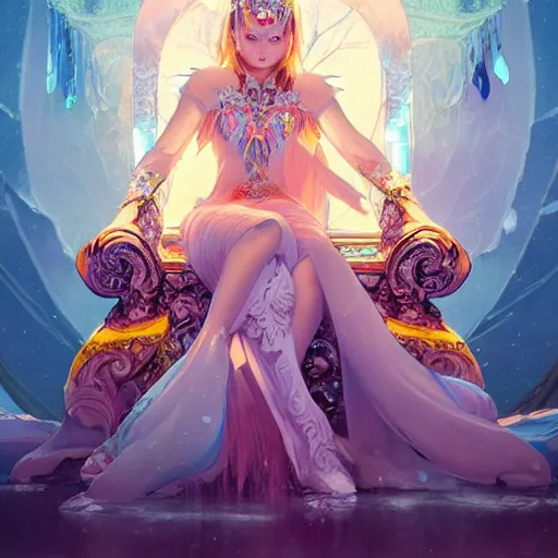 Image similar to A beautiful ice princess sitting on her throne, very colourful, highly detailed, artstation, intricate, smooth, sharp focus, bright, happy, illustration, art by Greg Rutkowski and Yuumei, good clear quality, lighting, biology, symmetrical artwork, perfect face, 135 mm, cinematic, hyper realism, glittering ice, dark, moonlight, high detail, octane render, 8k, crimson highlights