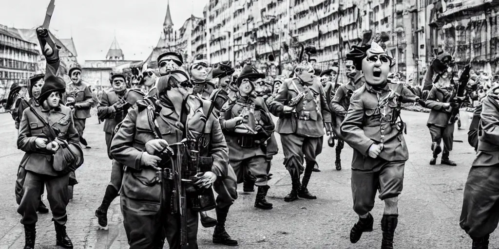 Image similar to german forces as minions from despicable me winning world war 2 and parading through berlin, hyper realistic, award winning photo, award winning, sharp focus, black and white