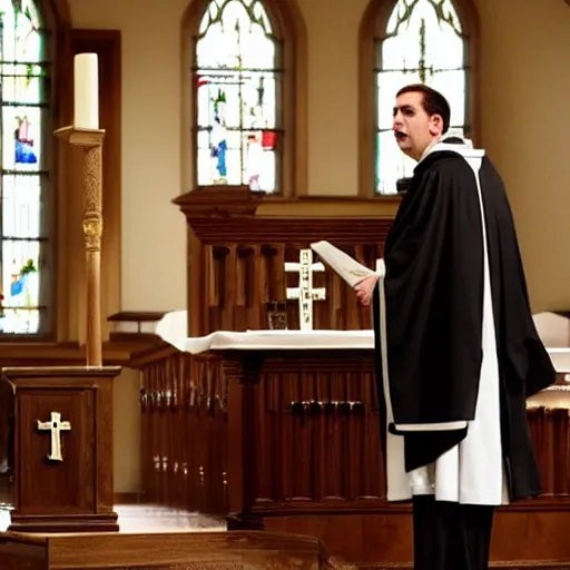 Image similar to Michael Scott as a Catholic priest giving a sermon at the pulpit