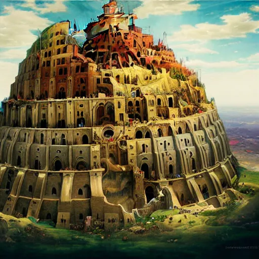 Image similar to Tower of Babel, A mighty city and a tower with its top in the heaven illustration by Renato muccillo and Andreas Rocha and Johanna Rupprecht + dofus colors, wakfu colors + symmetry + greco-roman art, intricate ink illustration, intricate complexity, epic composition, magical atmosphere + wide long shot, wide angle + masterpiece, trending on artstation