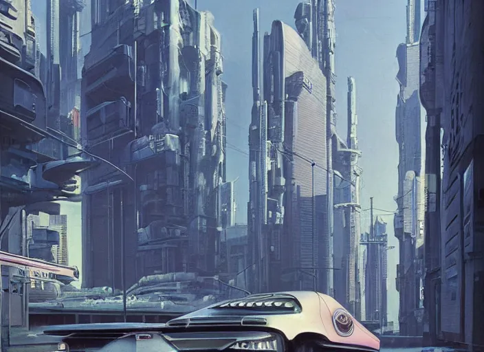 Image similar to a car driving down a street next to tall buildings, cyberpunk art by Chesley Bonestell, cgsociety, retrofuturism, matte painting, reimagined by industrial light and magic