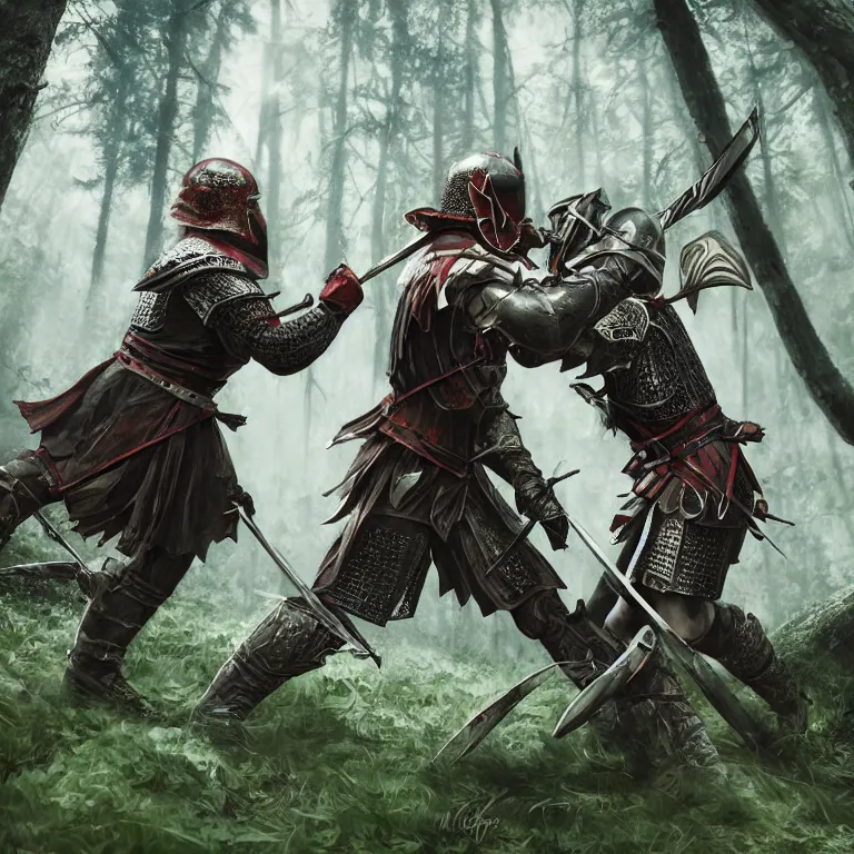 Prompt: two knights fighting with swords in forest, highly detailed, smooth, sharp focus, portrait, concept art, intricate details, fantasy poster, dark athmosphere, 8 k. lifelike. nikon d 8 5 0