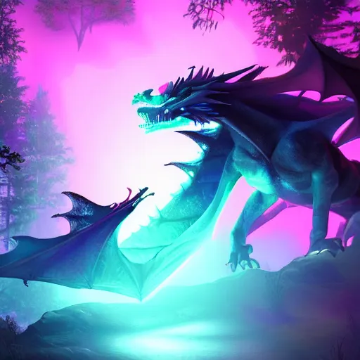 Image similar to brightly lit dragon with neon wings in a dim dark forest colorful 4 k path traced high definition detailed artstation realistic trending dramatic lighting dark and light contrast