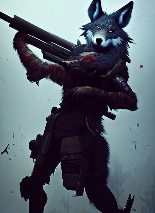 Prompt: dark gray male anthropomorphic wolf fursona, long red hair wearing destiny 2 armor and holding a sniper rifle. character design by cory loftis, fenghua zhong, ryohei hase, ismail inceoglu and ruan jia. artstation, volumetric light, highly detailed, photorealistic, fantasy, rendered in octane