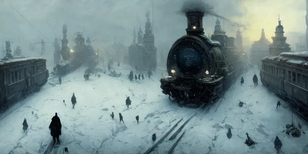 Prompt: snowpiercer travels through the icy city of warsaw, poland. frostpunk by greg rutkowski, gustave courbet, rosa bonheur, edward hopper. faithfully depicted architecture, realistic, sharp focus, global illumination, radiant light, detailed and intricate environment, trending on artstation