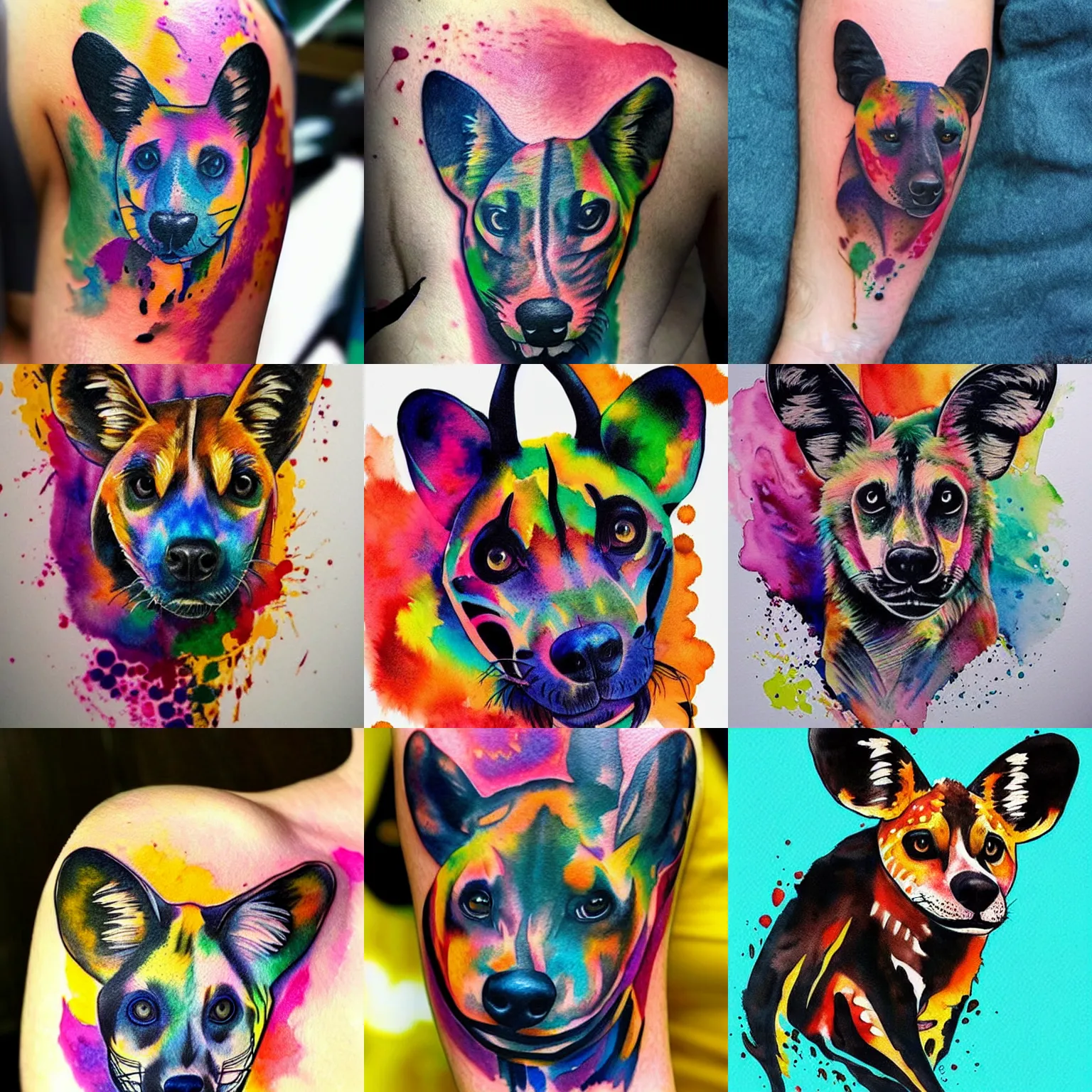 Prompt: beautiful watercolor african wild dog tattoo design, vibrant colors, by Javi Wolfe