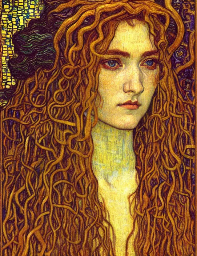 Image similar to detailed realistic beautiful young medieval queen face portrait by jean delville, gustav klimt and vincent van gogh, art nouveau, symbolist, visionary, gothic, pre - raphaelite, muted earthy colors, desaturated