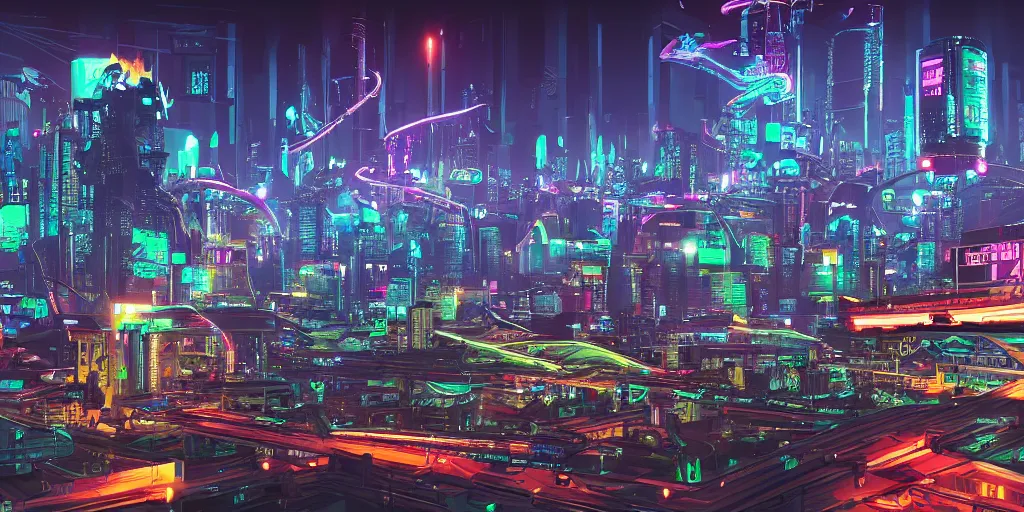 Prompt: cyberpunk port city, flying cars seen in distance, night time, neon, artificial lighting, digital art, highly detailed