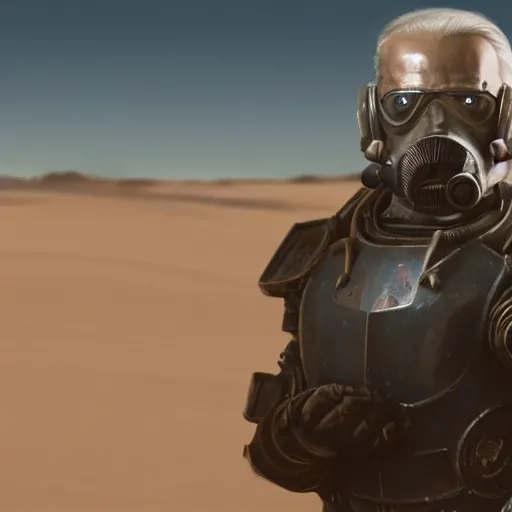 Image similar to professional portrait of Joe Biden wearing fallout power armor in a desert, 8k, cinematic,