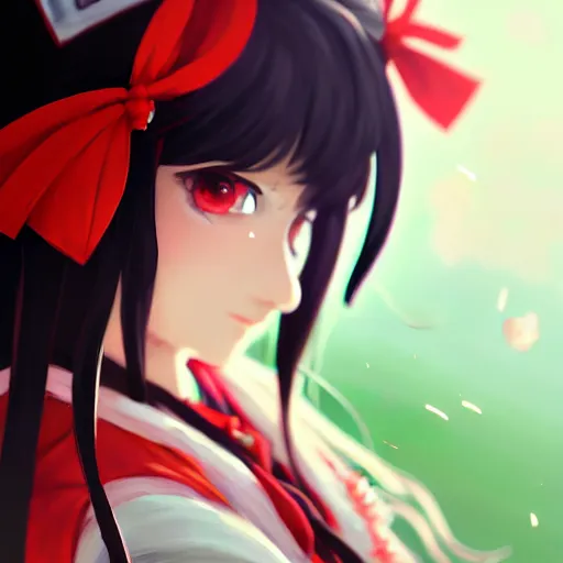 Prompt: artwork portrait of reimu hakurei from touhou project, sparkling eyes reimu hakurei touhou artwork by greg rutkowski makoto shinkai sakimichan key art 4 k 8 k ultrahd trending award winning laughing