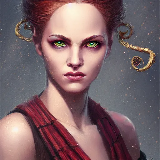 Image similar to a detailed matte head - on portrait painting of an middle - aged half - tiefling noblewoman with golden eyes and short well kept hair, by charlie bowater, lise deharme, wlop, tending on arstation, dungeons and dragon, dnd, pathfinder, fanart, oil on canvas