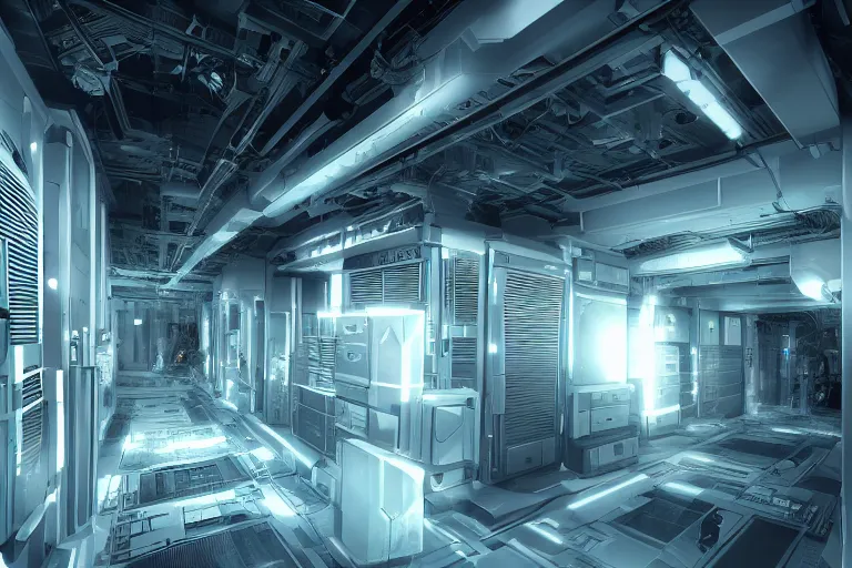 Prompt: parallax datacenter server room single mono colossus white rusty android robosaurus artstation cinematic detailed concept art volumetric light sharp coherent cgsociety symmetric perfect well balanced contrast