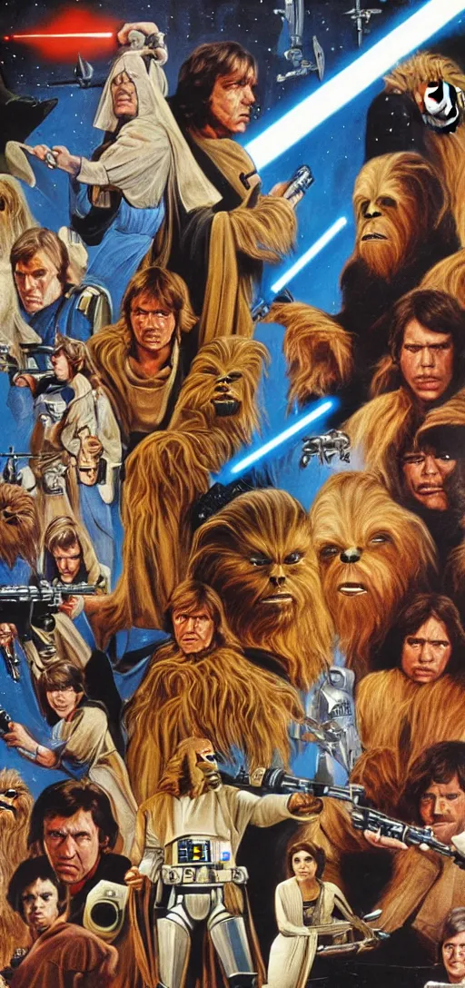 Prompt: star wars 1977 theatrical poster but all characters are John Goodman
