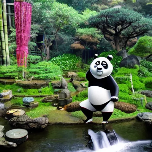 Image similar to photograph of Kung Fu Panda practicing in a Japanese mystical village, bonsai, streams, bamboo forest, koi ponds