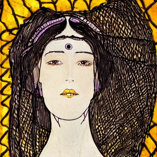 Image similar to illustration of a woman's face from front in style of harry clarke