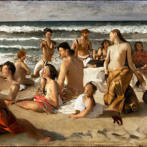 Image similar to A beautiful photograph of a group of people on a beach. The colors are muted and the overall tone is serene. The people are all engaged in different activities, from reading to playing games, and the artwork seems to be capturing a moment of peace and relaxation. by Paolo Veronese, by James Abbott McNeill Whistler, by Ed Emshwiller