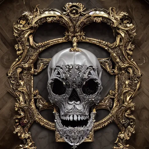 Image similar to a beautiful, ornate and intricate rococo skull with vampire teeth and silver and gold details and diamonds inside a rococo frame, 4k, octane render, vray, unreal engine, photorealistic