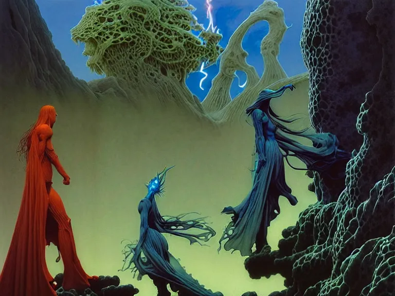 Image similar to the female arcanist and the male artificer by michael whelan and roger dean and brom and zdzisław beksinski and greg staples and donato giancola, beautiful, flowing magical robe, highly detailed, hyperrealistic, intricate, energy, electric, blue flame, low light, green crystal, high contrast, old and young, lifelike